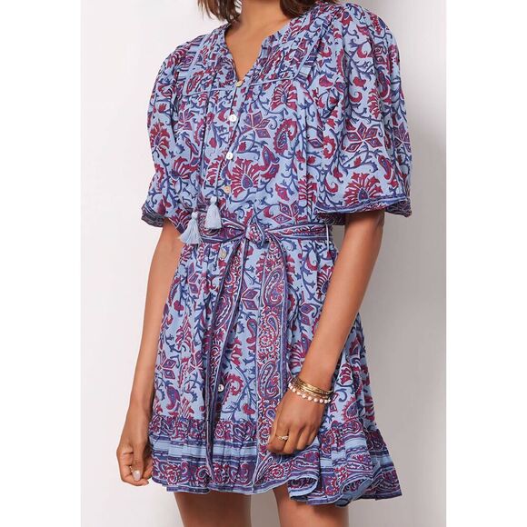 Cleobella Womens Cade Blue Wine Boho Style Delhi Print Tie Belt Ruffle Dress Siz - Picture 2 of 12